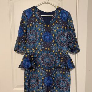 Doncaster blue/gold 3/4 sleeve peplum dress